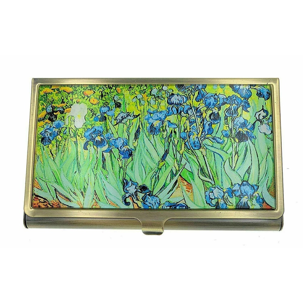 Irises Business Card Holder, Vincent Van Gogh Brass & Glass Case, Gift Boxed
